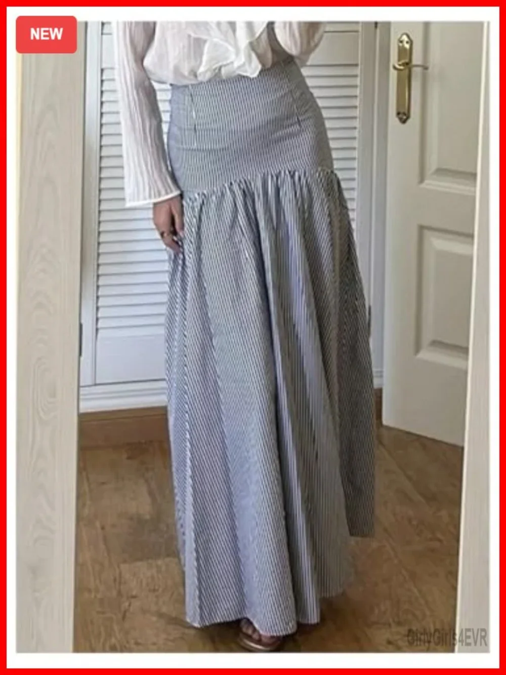 Striped High Waist Ruffle Hem Flowy A-Line Maxi Skirt